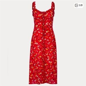 Realisation Par Juliet Silk Ruffle Button Midi Dress in Deep Rouge Fleur
